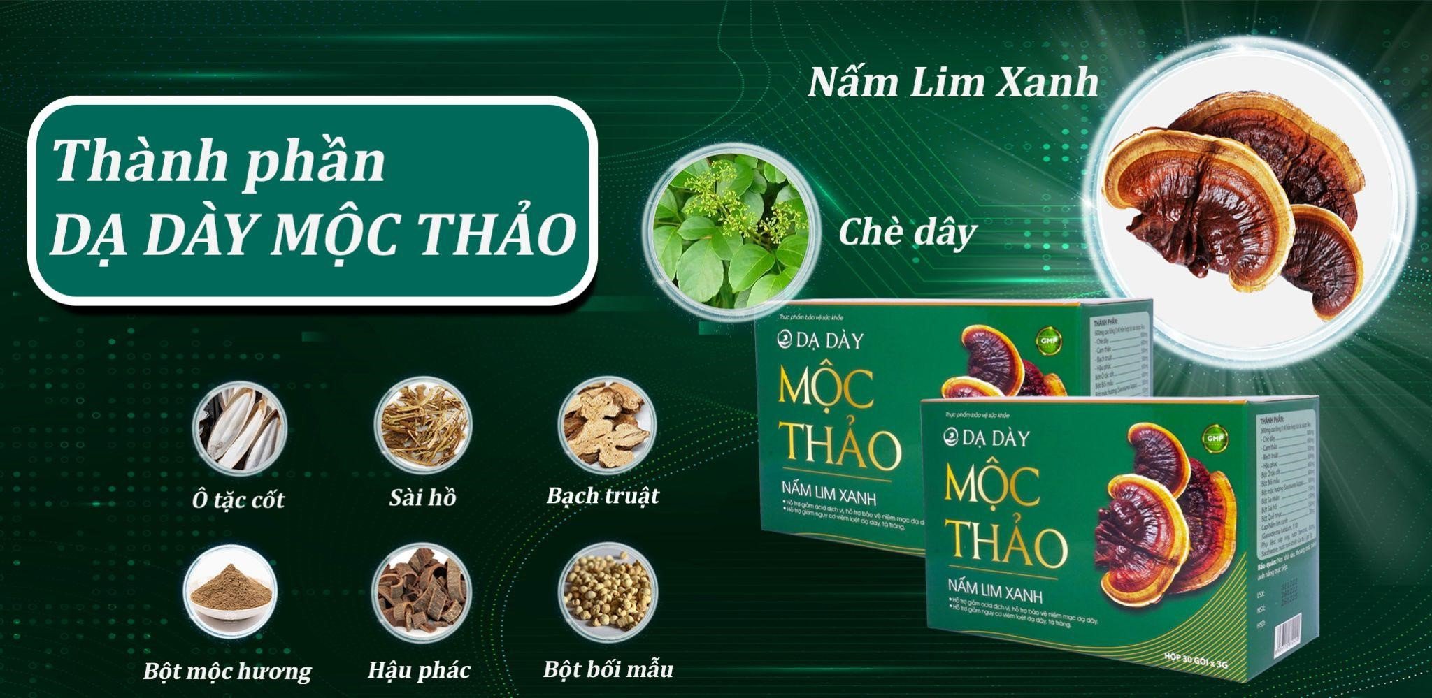 Sản phẩm Dạ dày Mộc Thảo chứa thành phần cao nấm lim xanh và các loại thảo dược quý hiếm.
