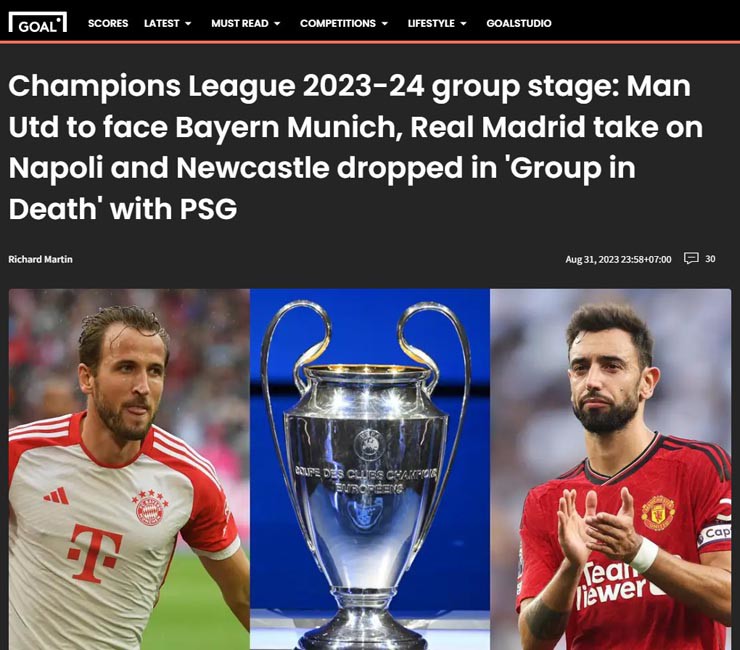 Tờ Goal cũng rất chờ đợi ở màn so kè Bayern - MU