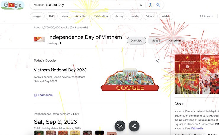 Google Search bắn pháo hoa mừng Quốc khánh Việt Nam ngày 2/9.