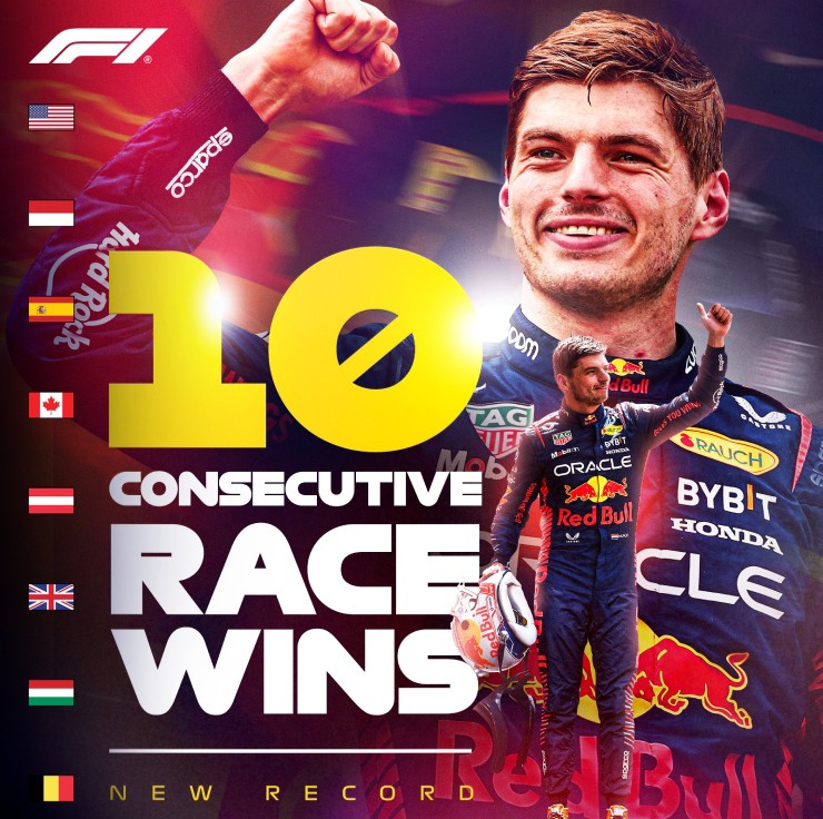 Verstappen lập kỷ lục thắng 10 chặng đua liên tiếp