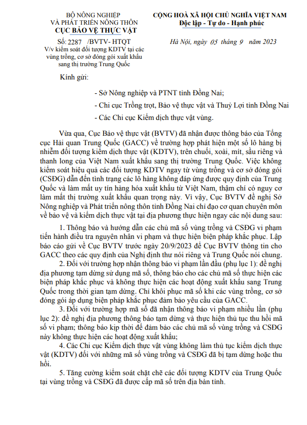 Công văn thông báo tạm dừng thực hiện xuất khẩu sang Trung Quốc của Cục Bảo vệ Thực vật khiến các doanh nghiệp trở tay không kịp.