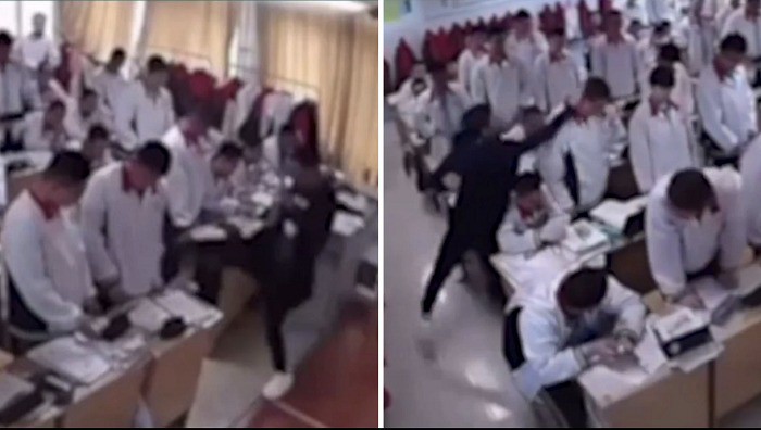 Nam giáo viên đánh mắng các học sinh ngay trong lớp. Ảnh: Baidu