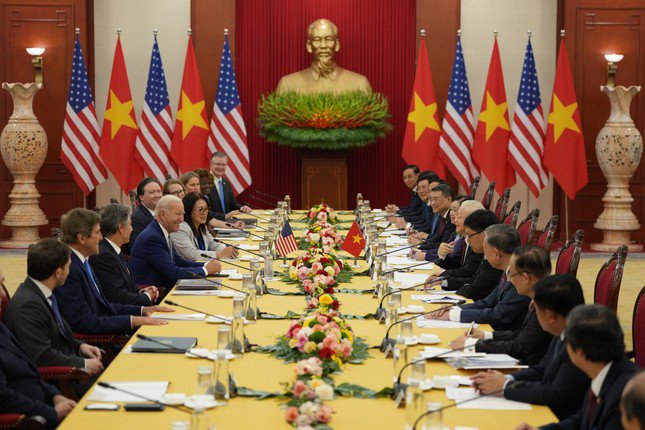 Cuộc hội đàm giữa Tổng Bí thư Nguyễn Phú Trọng và Tổng thống Mỹ Joe Biden (Ảnh: Như Ý).