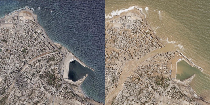 Ảnh vệ tinh chụp trước và sau khi thảm họa lũ lụt xảy ra ở thành phố Derna, Libya.