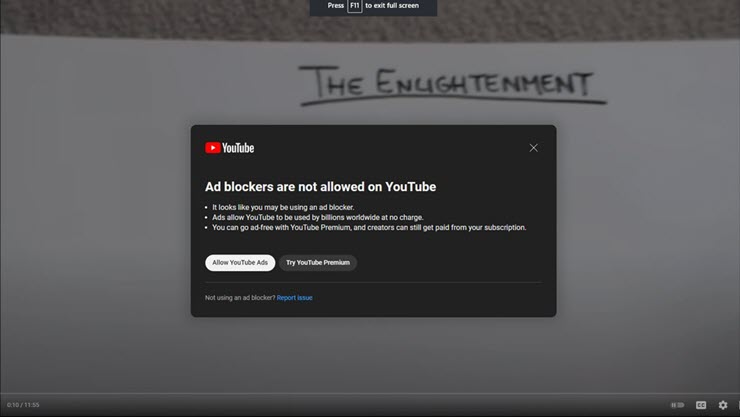 Pop-up cảnh báo của YouTube khi phát hiện trình chặn quảng cáo.