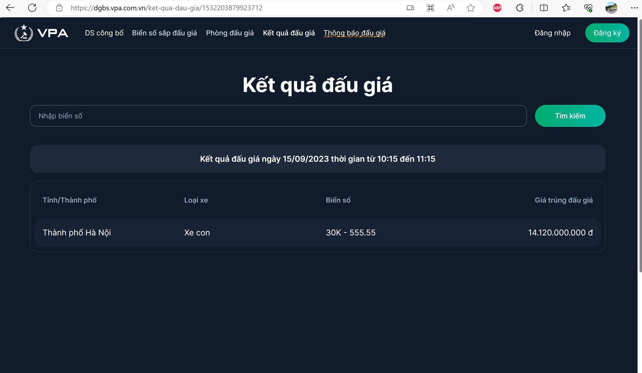 Kết quả đấu giá biển số 30K-555.55 Hà Nội