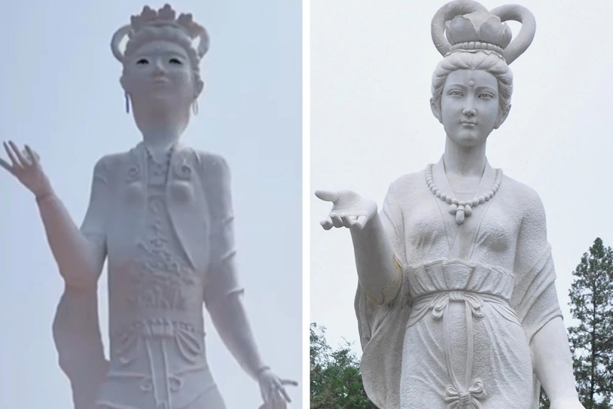 Bức tượng tiên nữ xấu xí (bên trái) bị nhiều người chê bai khi so sánh với bản gốc (ảnh: SCMP)