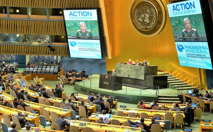 Thượng tướng Nguyễn Chí Vịnh phát biểu tại Hội nghị Liên Hợp Quốc về gìn giữ hòa bình tổ chức ở New York (Mỹ), năm 2019. Ảnh: B.T