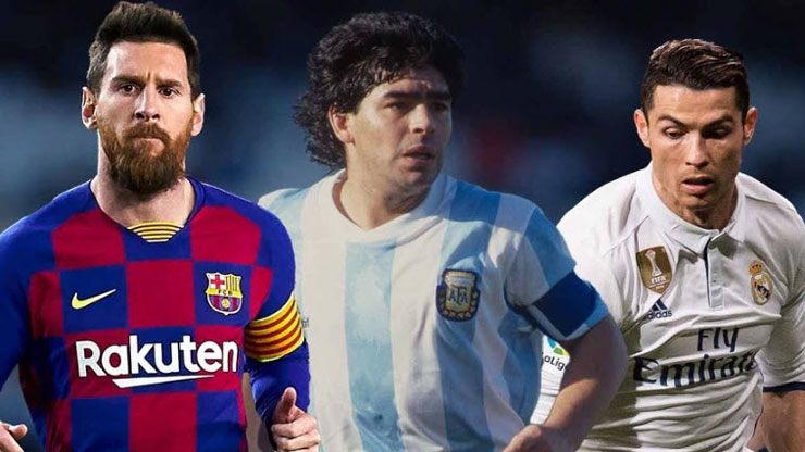 Messi, Maradona và Ronaldo đều có tên trong Top 10 cầu thủ vĩ đại nhất lịch sử. ẢNH: MIRROR