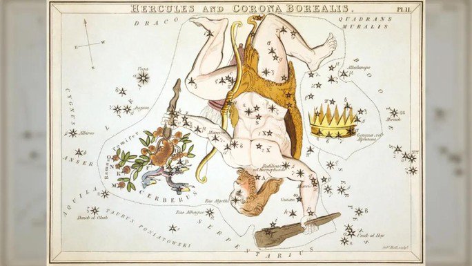 Hình vẽ đi kèm văn bản cổ xưa mô tả chòm sao Bắc Miện (Corona Borealis) là hình chiếc vương miện, nằm ngay cạnh chòm sao Vũ Tiên (Hercules) mang hình dáng chàng dũng sĩ trong thần thoại Hy Lạp - Ảnh: LIBRARY OF CONGRESS