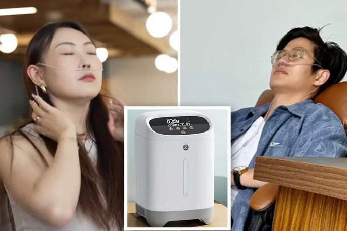 Thanh niên Trung Quốc đăng tải hình ảnh bản thân dùng máy tạo oxy thay vì cà phê để tỉnh táo khi làm việc hoặc học hành. Ảnh: SCMP