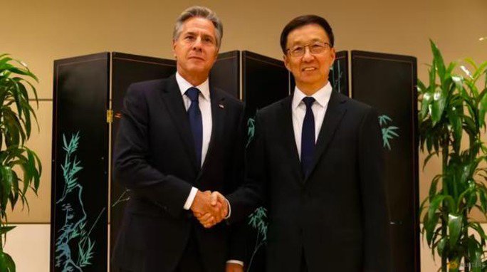 Ngoại trưởng Mỹ Antony Blinken (trái) và Phó Chủ tịch Trung Quốc Hàn Chính gặp nhau tại New York (Mỹ) ngày 18-9. Ảnh: Reuters