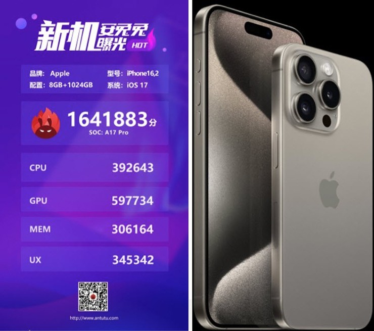 Điểm đánh giá AnTuTu được thực hiện cho A17 Pro có trên iPhone 15 Pro Max.