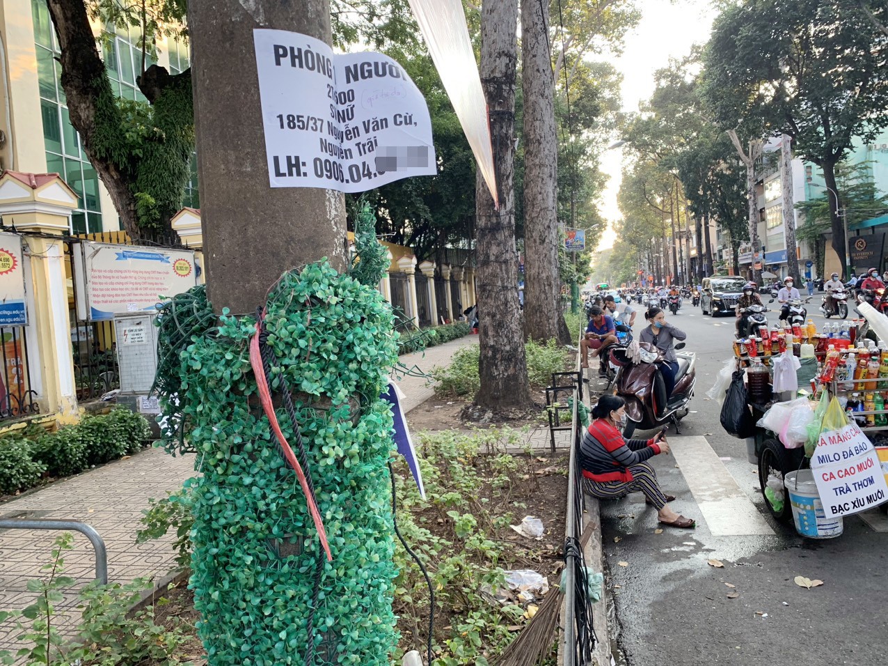 Tuy nhiên, nhiều trụ đèn, cột điện đã bong tróc hoặc bị gỡ phần cỏ để dán quảng cáo hút hầm cầu, cho thuê nhà, vay tiền. Thậm chí, nhiều tờ giấy quảng cáo còn dán đè lên lớp cỏ nhựa.