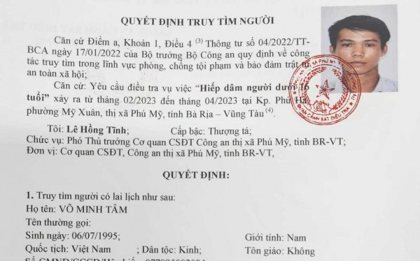 Quyết định truy tìm Võ Minh Tâm của Công an thị xã Phú Mỹ.