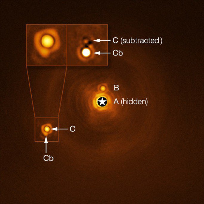 Hệ sao độc đáo trong bức ảnh chụp trực tiếp, với C và Cb được phóng to - Ảnh: ESO