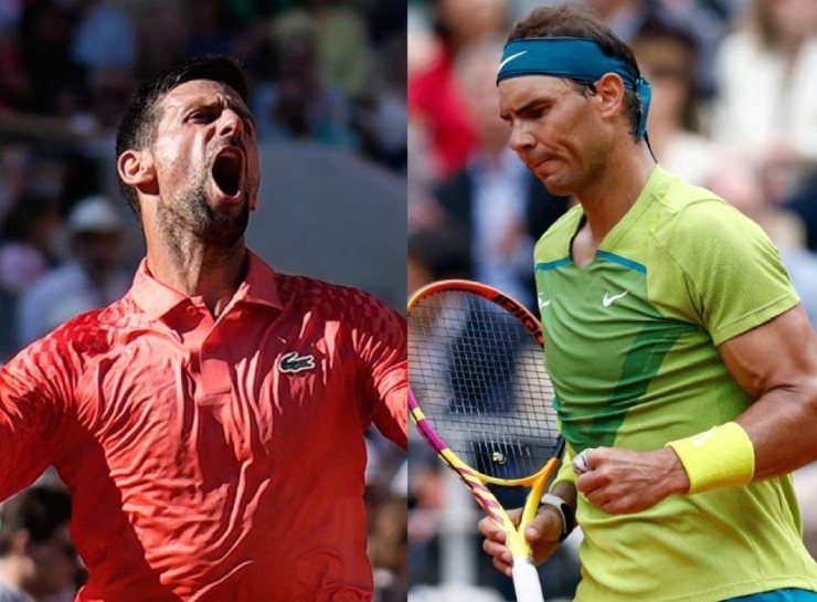 Nadal (áo xanh) tôn vinh Djokovic (áo đỏ) là GOAT về số lượng danh hiệu lớn sở hữu