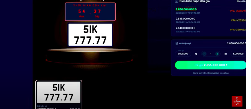 Biển số ngũ quý 7 của TP Hồ Chí Minh trên sàn đấu giá.