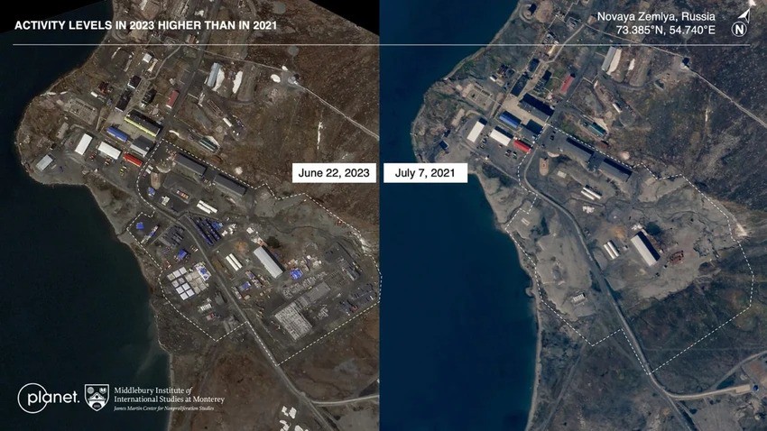 Mức độ hoạt động tại địa điểm thử hạt nhân ở quần đảo Bắc Băng Dương (Nga) năm 2023 (trái) so với năm 2021. Ảnh: CNN