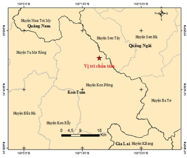 Vị trí xảy ra động đất tại huyện Kon Plông, tỉnh Kon Tum. Ảnh Viện Vật lí địa cầu