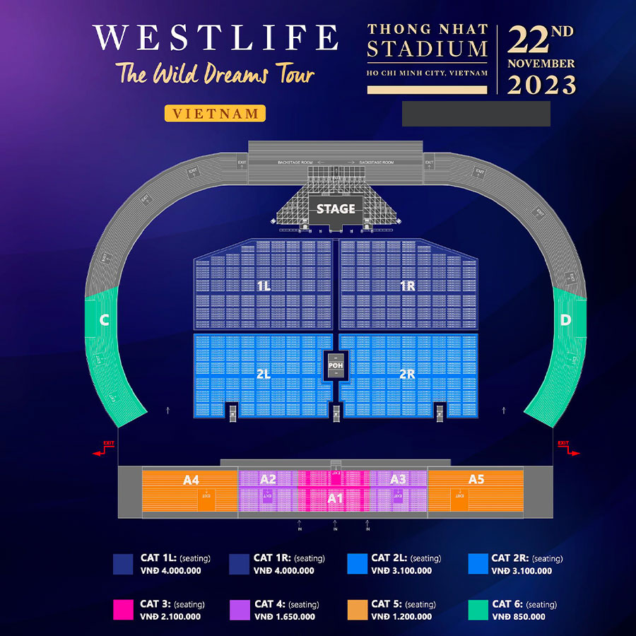 Sơ đồ giá và vị trí của các hạng vé trong show Westlife tại TP. HCM.