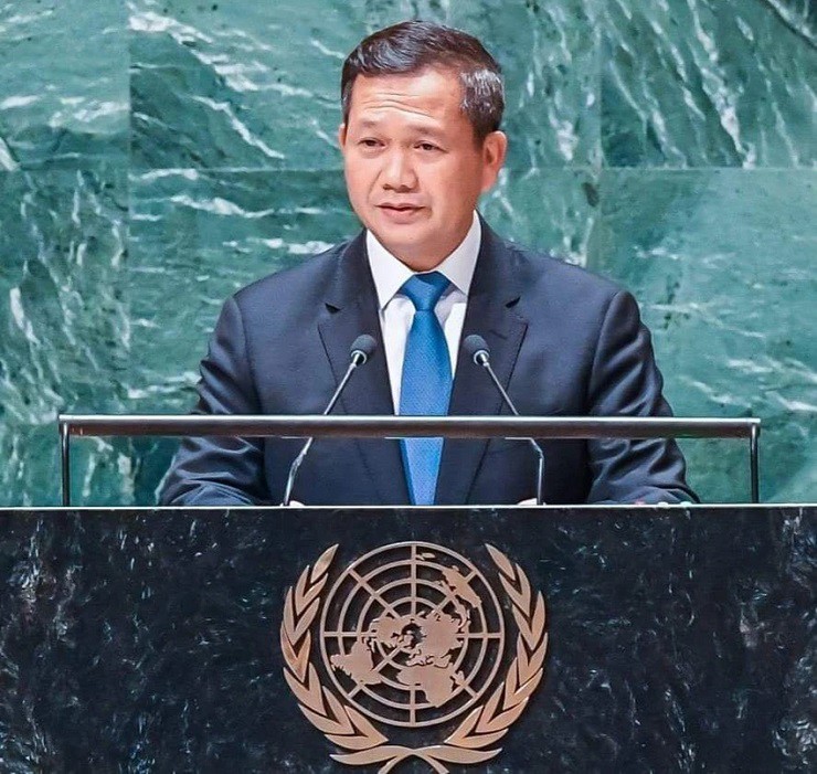 Thủ tướng Campuchia Hun Manet phát biểu tại kỳ họp thứ 78 của Đại hội đồng Liên Hợp Quốc ở TP New York (Mỹ) hôm 23-9. Ảnh: AKP