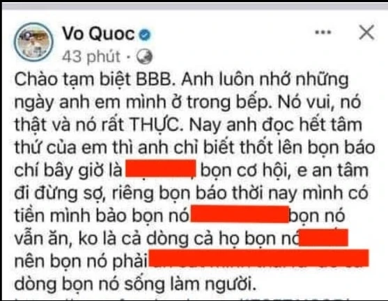 Bài đăng xúc phạm báo chí trên Facebook Vo Quoc (được cho là của đầu bếp Võ Quốc). Ảnh chụp màn hình.