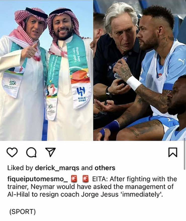Neymar đang mâu thuẫn với HLV trưởng Jorge Jesus của Al-Hilal
