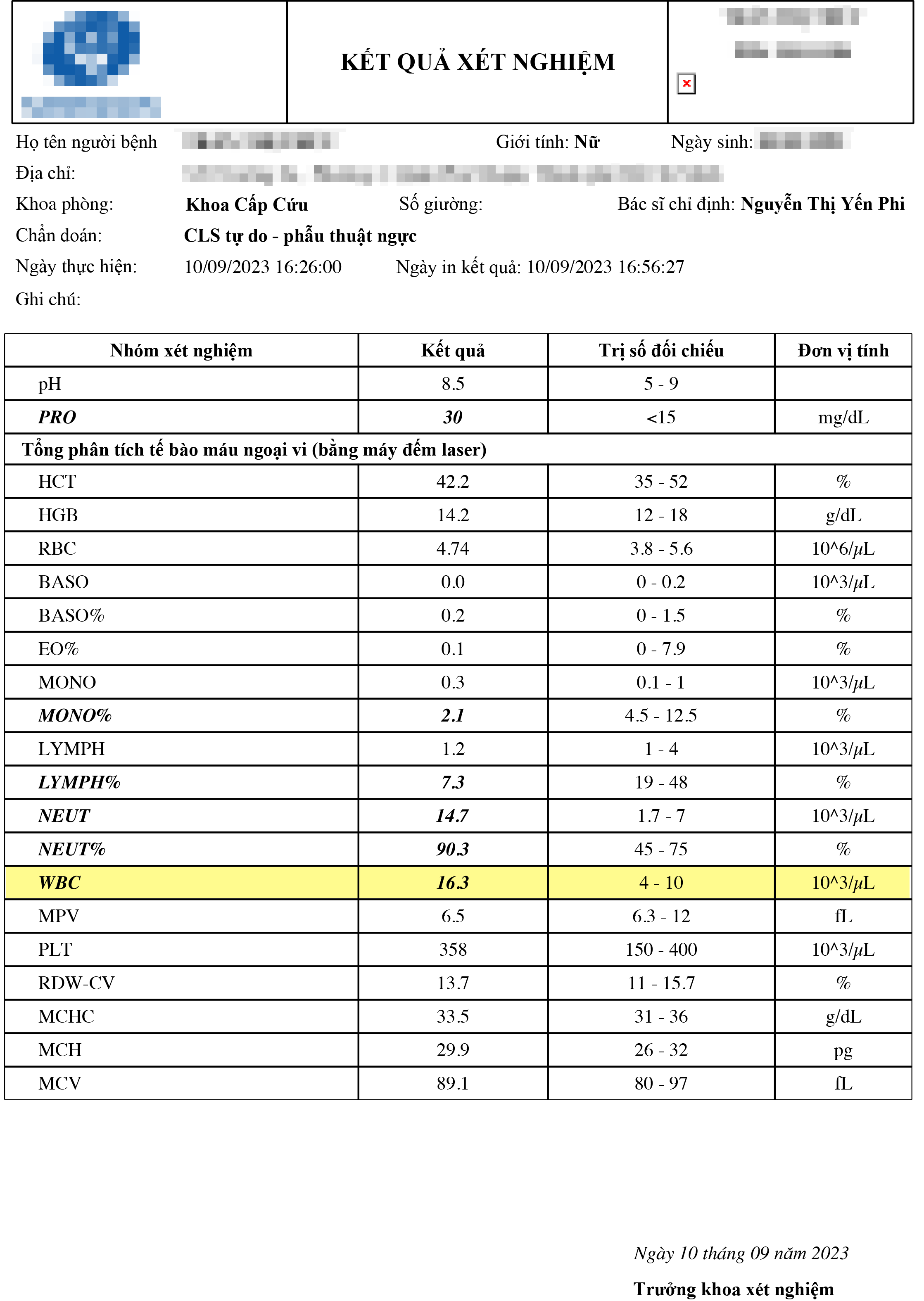 Kết quả xét nghiệm chị T cho thấy chị bị nhiễm trùng và bạch cầu cao