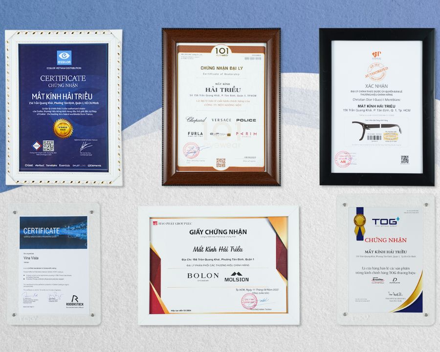 Chứng nhận đại lý ủy quyền chính hãng từ các thương hiệu lớn - Nguồn: Kính Hải Triều