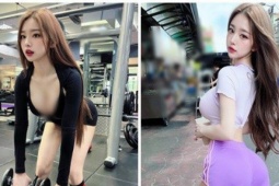 Hot girl body chữ S, mặc xẻ ngực sâu trong phòng tập gym