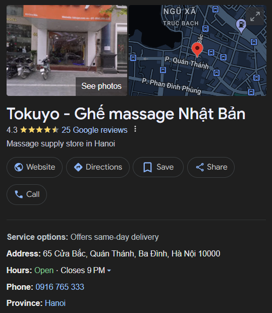 Ghế massage Tokuyo được đánh giá tốt trên Google Map