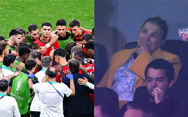 C. Ronaldo kìm nước mắt khi cùng các đồng đội nghe chỉ đạo của HLV giữa giờ nghỉ hai hiệp phụ còn trên khán đài mẹ anh đang rưng rưng vì con trai vừa đá hỏng penalty. Ảnh: Instagram Fan Georgina