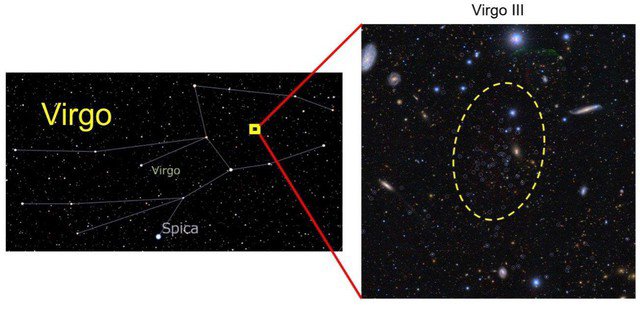 Ảnh phóng to thể hiện vị trí của thiên hà Virgo III, nằm trong chòm sao Xử Nữ theo góc nhìn từ Trái Đất - Ảnh: NAOJ/ĐẠI HỌC TOHOKU