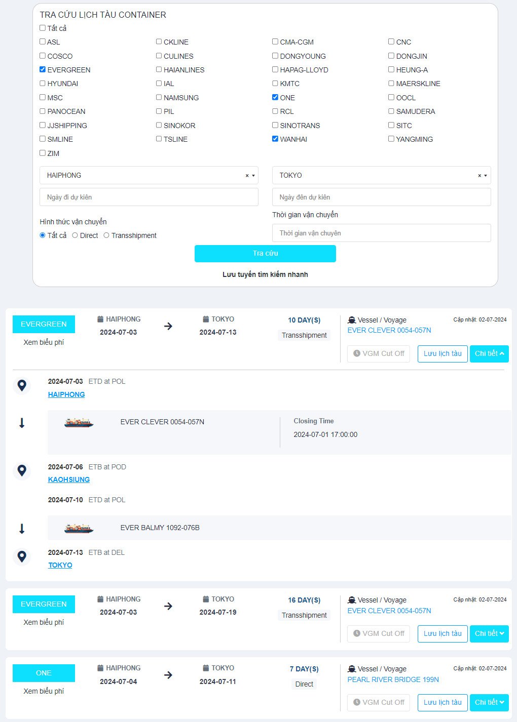 Hiển thị kết quả tra cứu lịch tàu trên website lichtau.com