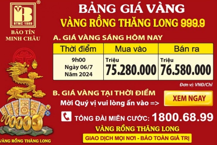 Giá Vàng Rồng Thăng Long- Bảo Tín Minh Châu ngày 06.07.2024