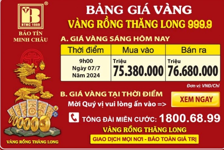 Giá Vàng Rồng Thăng Long- Bảo Tín Minh Châu ngày 07.07.2024