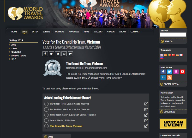The Grand Ho Tram xuất hiện trên trang web của World Travel Awards