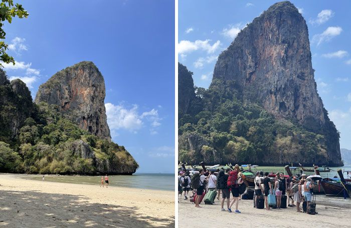 Bãi biển Railay, Thái Lan trên mạng
trông rất hoang sơ, yên bình nhưng bên ngoài lại tấp nập du
khách.