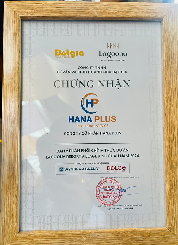 Chứng nhận Đại lý phân phối chính thức Lagoona Bình Châu của Hana Plus