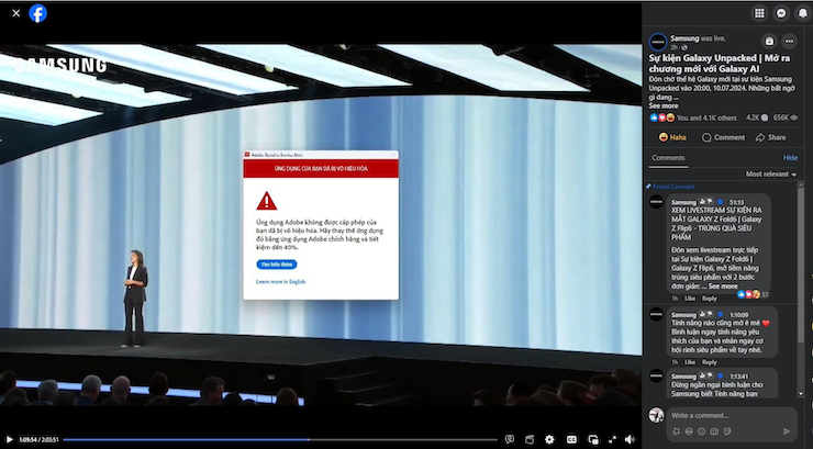 Thông báo phần mềm bẻ khóa bị vô hiệu hóa trong phiên livestream ra mắt Samsung Galaxy Z Fold6 và Z Flip6 trên kênh&nbsp;YouTube&nbsp;của Samsung Vietnam. (Ảnh chụp màn hình)