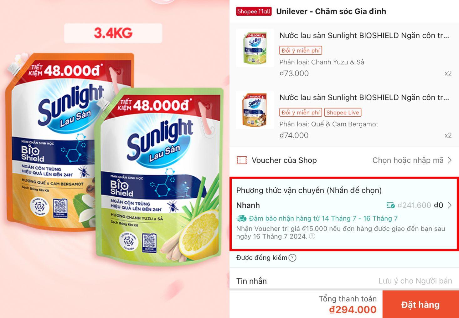 Các chị em nội trợ có thể tranh thủ trữ nước lau sàn với mức giá ưu đãi trong ngày 15.7 sắp tối. Áp thêm mã freeship thì 241.600đ tiền phí vận chuyển cũng “hóa hư không”.