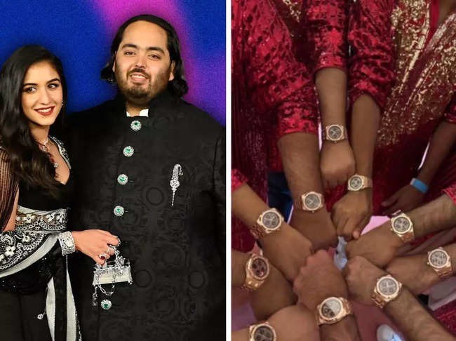 Đôi uyên ương Anant Ambani - Radhika Merchant (trái) và dàn phù rể khoe quà tặng nhận được trong đám cưới. Ảnh: Indiatimes