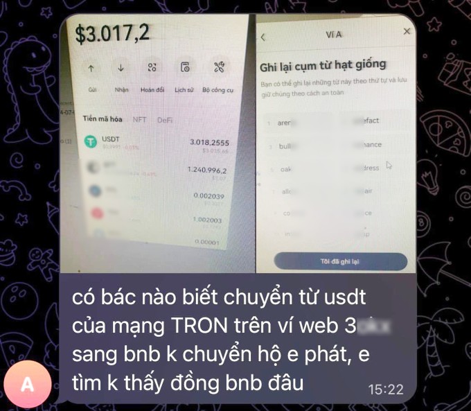 Ảnh chụp màn hình một bài đăng trong nhóm Telegram, công khai seed phrase để người khác đăng nhập ví. Ảnh: Lan Hoàng