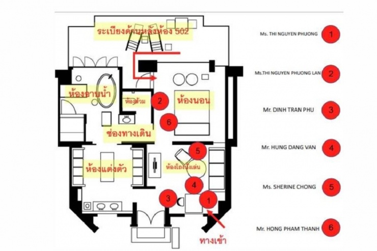 Vị trí phát hiện các nạn nhân trong căn phòng khách sạn. Ảnh: Thai PBS