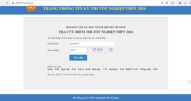 Bảng điểm thi tốt nghiệp THPT của Hạo Thiên