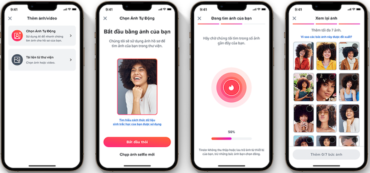 Các bước chụp ảnh selfie và nhờ AI của Tinder chọn giúp ảnh đại diện phù hợp.