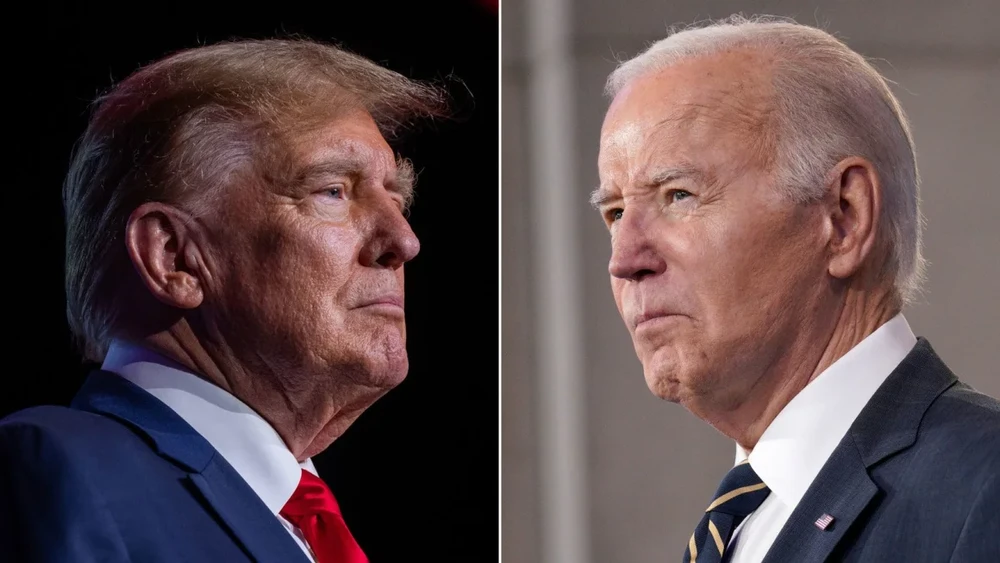 Tổng thống Mỹ Joe Biden (phải) đang thua cựu Tổng thống Mỹ Donald Trump (trái) về tỉ lệ ủng hộ ở 7 bang chiến trường sau khi ông Trump bị ám sát hụt. Ảnh: GETTY IMAGES