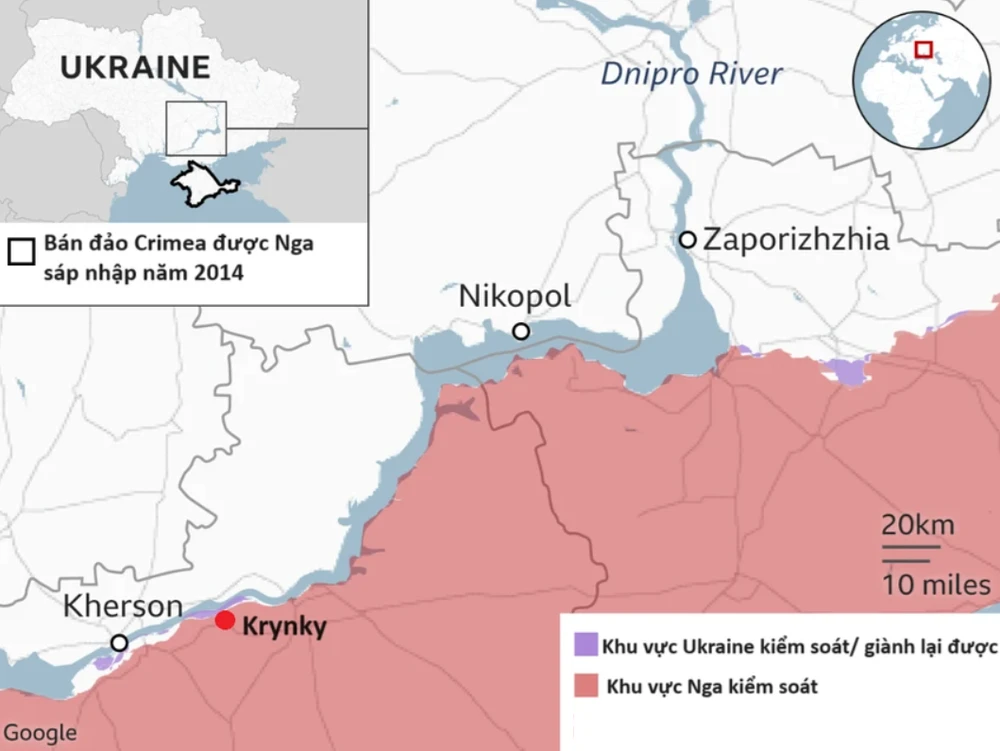 Ukraine đã kiểm soát bờ tây con sông Dnipro kể từ mùa thu năm 2022, khi Ukraine phản công và đánh đuổi quân Nga qua phía bờ đông sông Dnipro và ra khỏi TP Kherson (tỉnh Kherson). Ảnh: ISW/BBC.