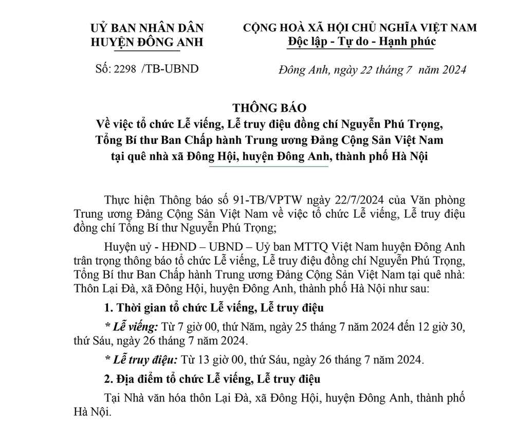 Hướng dẫn Viếng và Lễ Truy Điệu Đồng Chí Tổng Bí Thư Nguyễn Phú Trọng tại Quê Nhà